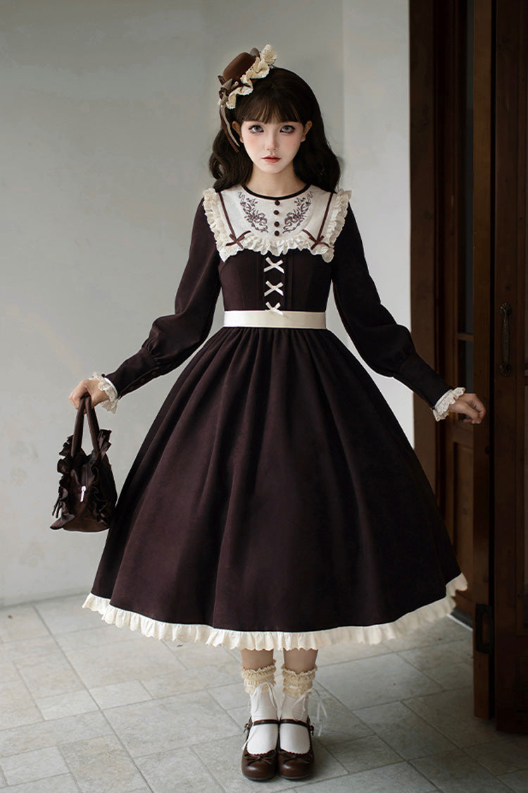 Brown Ruffled Bouquet Embroidered Sweet Lolita Dress - Miss Brown