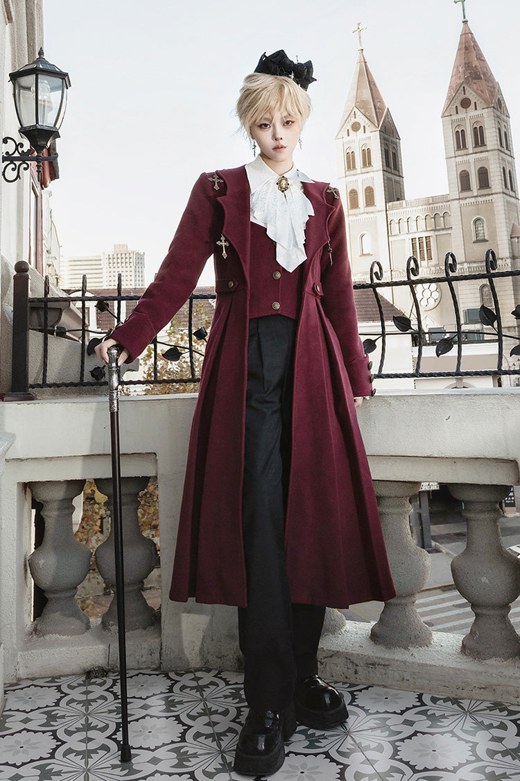 Dracula-Themed Dark Red Gothic Prince Coat with Long Sleeves