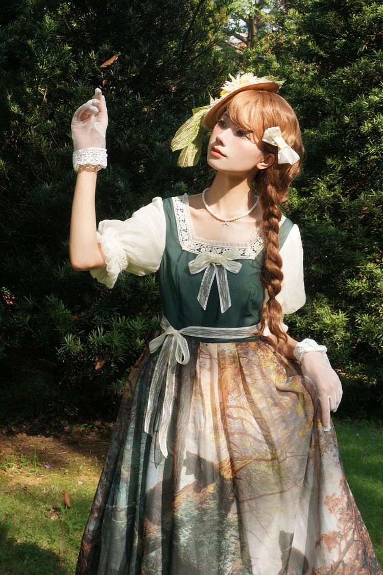 Oil Painting Square-Collar Lolita Dress with Tie-Dye Print