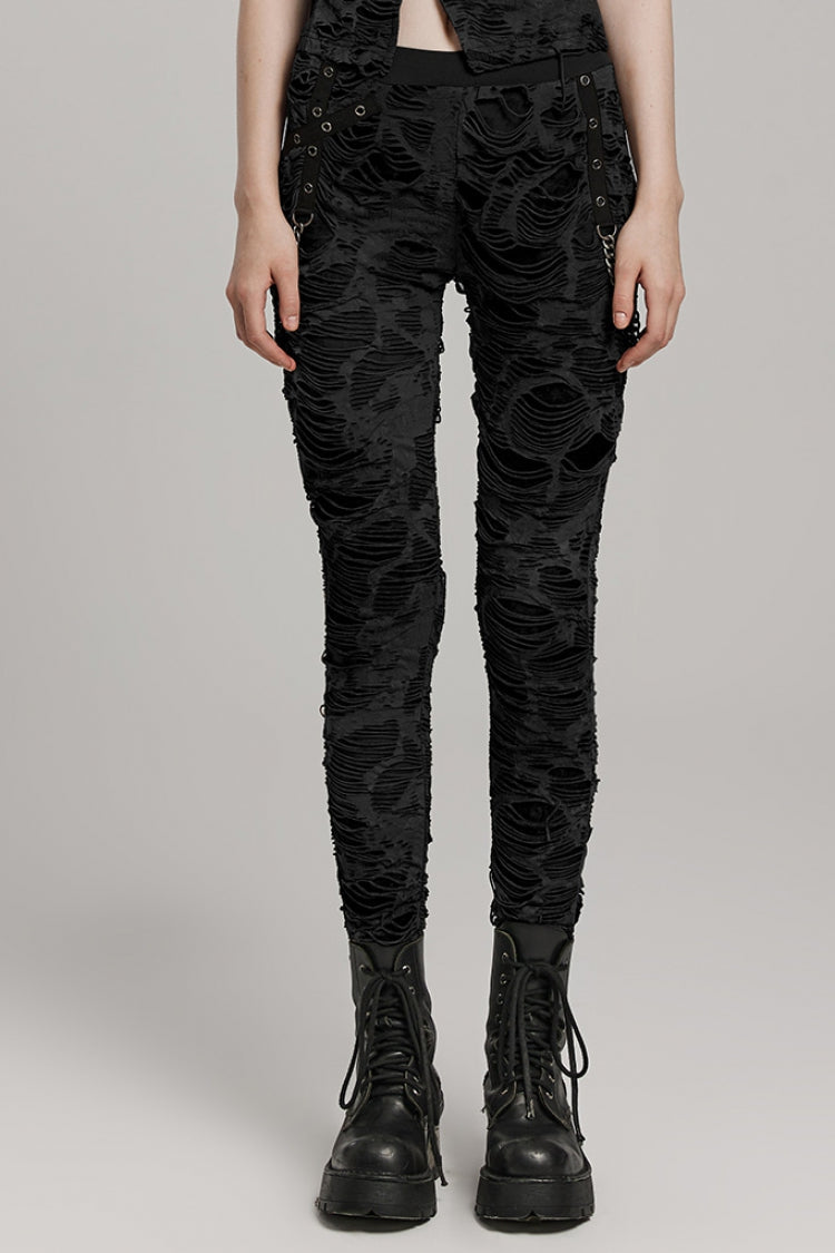 Tailored Distressed Eyelet Chain Steampunk Leggings for Women