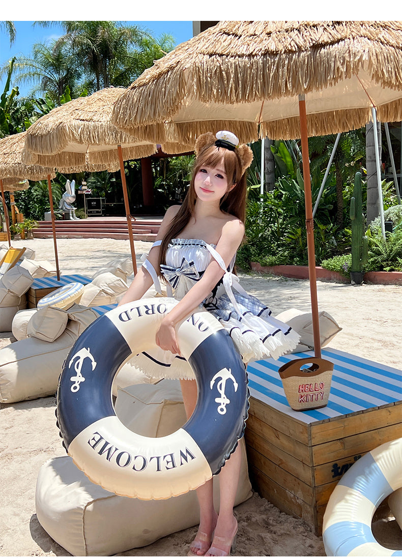 Blue/White Sailing Love Navy Collar Sleeveless Plaid Print Ruffle Ribbon Girly Lolita Dress