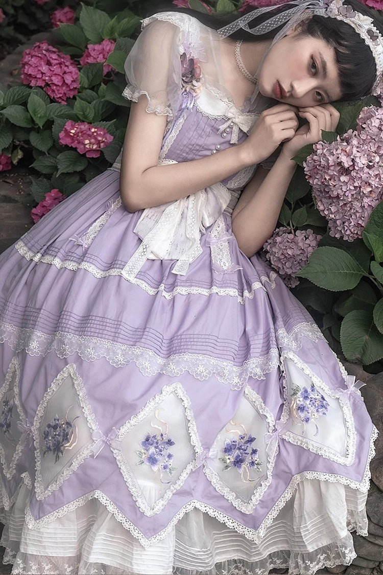 Heliotrope Print Ruffled Embroidered Bow Classic Vintage Gown
