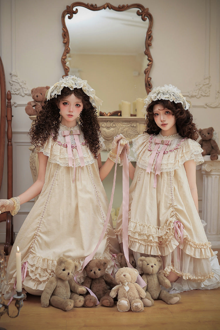 Apricot Sweet Lolita Dress with Stand Collar Short Sleeves Loose Doll-Like Ruffled Bow Lace