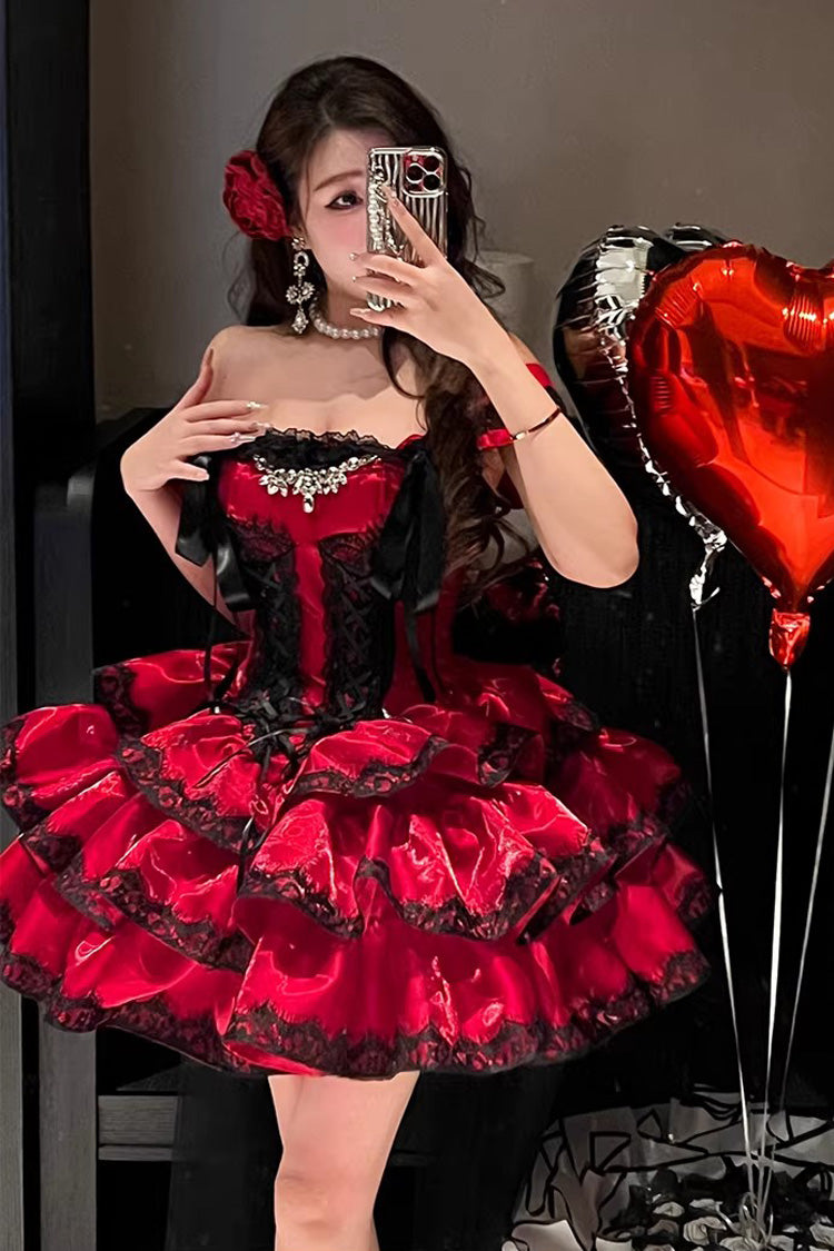 Sweet Lolita JSK Dress with Ruffled Lace and Lace-Up Back - Red