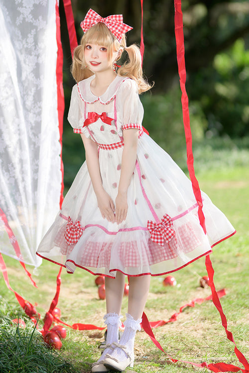 Ivory and Red Round Collar Short Sleeve High-Waist Strawberry Print Sweet Lolita Dress