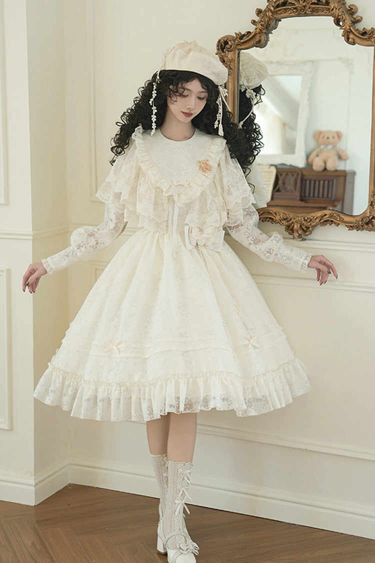 Cream Flower Sound Long Sleeve Frilled Cardigan Bow Lace Sweet Lolita Dress