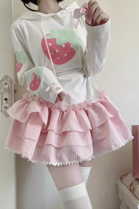 Ivory & Pink Long-Sleeve Triple Strawberry Print Hooded Sweet Lolita Dress