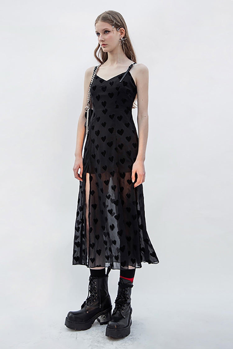 Heart Chiffon Waist Leather Sling Long Gothic Dress