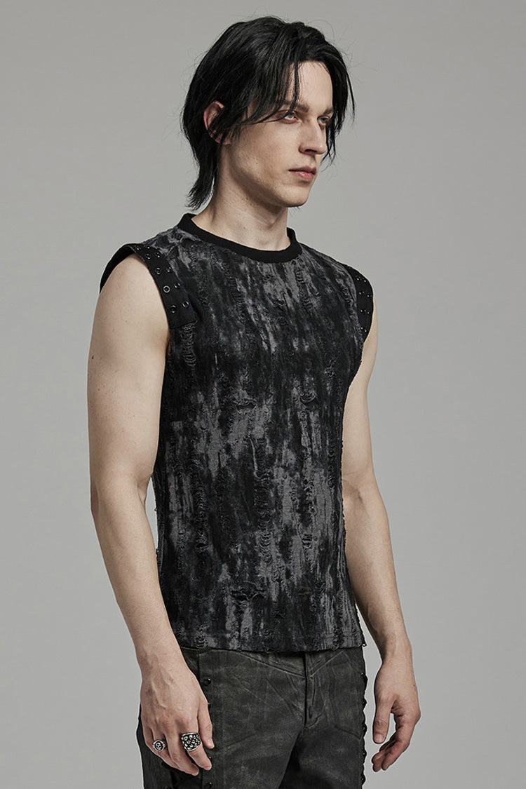 Distressed Eyelet Round Neck Sleeveless Graphic Tank - Gothic