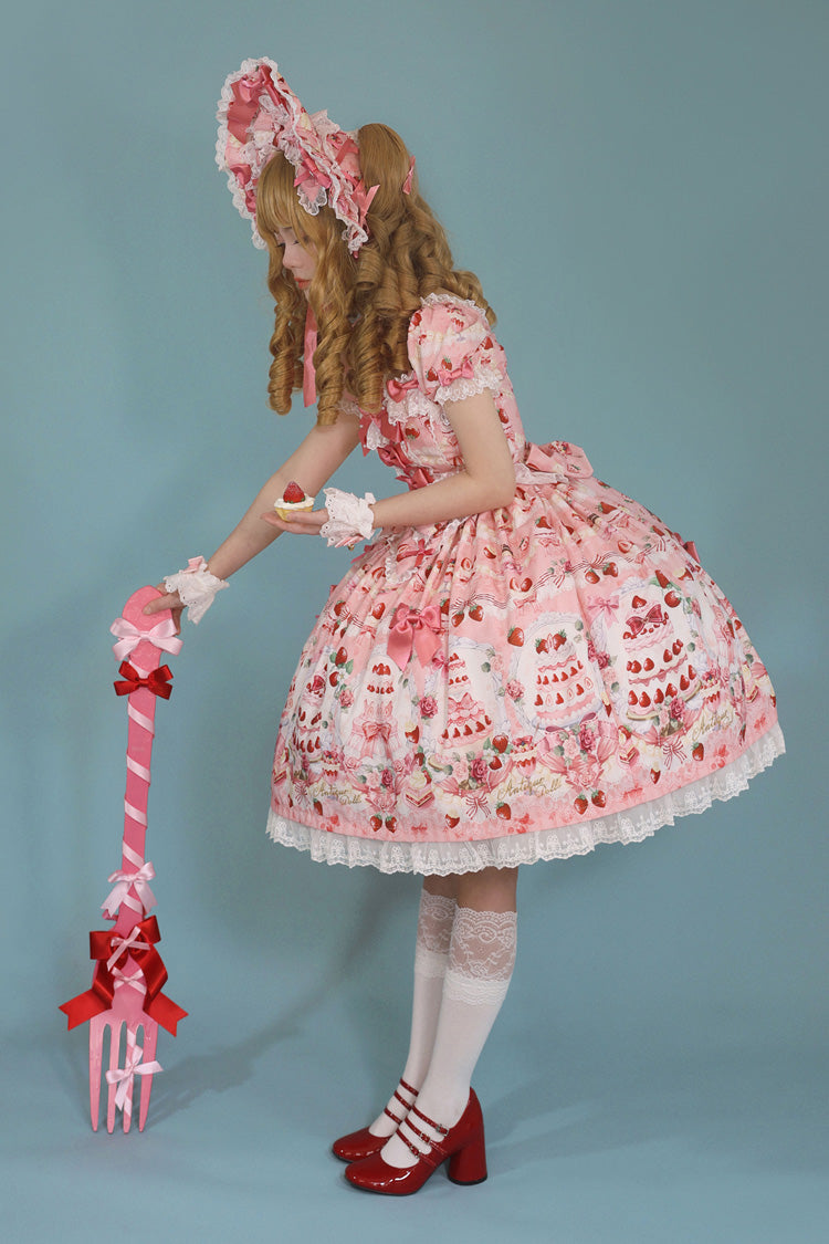 Square Collar Bowknot Lace Sweet Dress with Short Sleeves - Strawberry Cake Bouquet