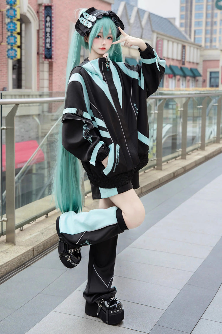 Cyber Phantom Hatsune Miku Print Jirai Kei Cool Coat - Black/Blue