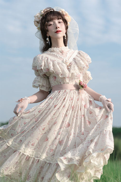 Embroidered Rose Print Lolita Dress with Ruffles, Sweet Vintage