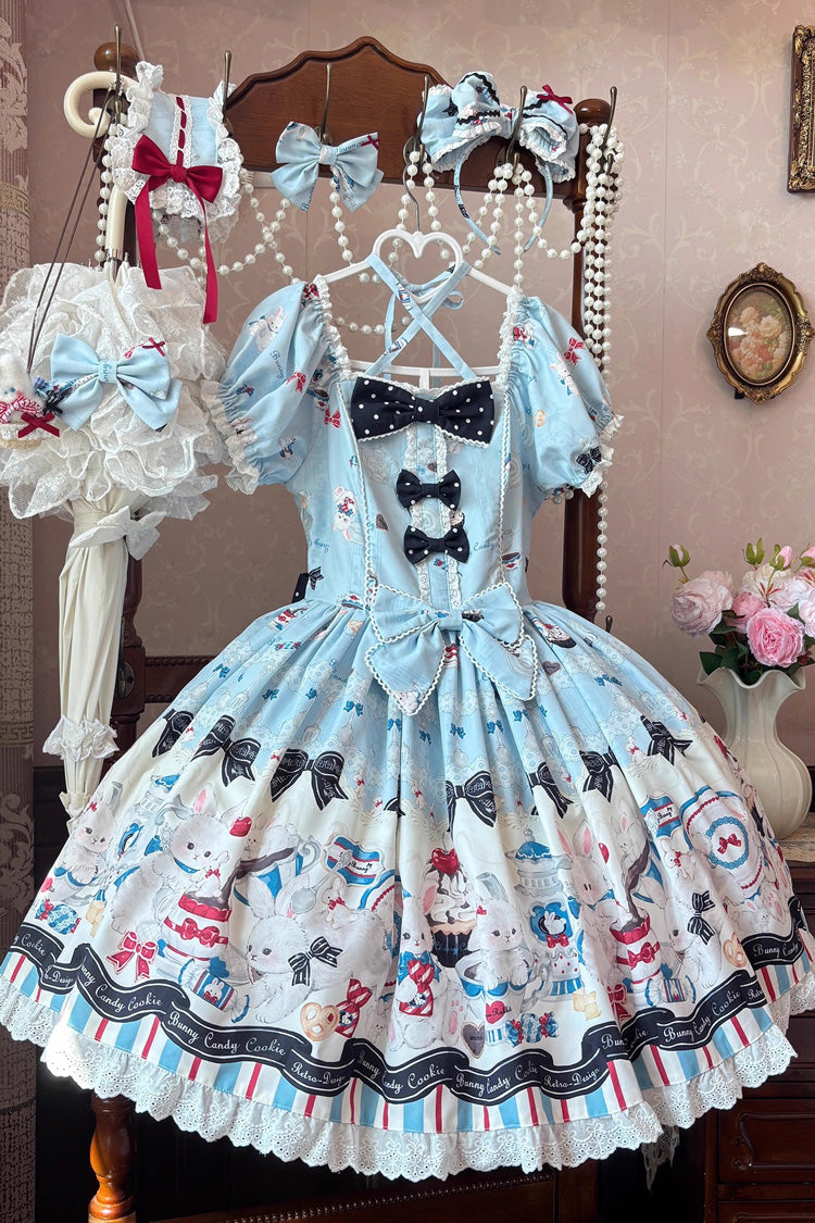 Square Collar Short Sleeve Print Ruffle Sweet Lolita Dress Blue