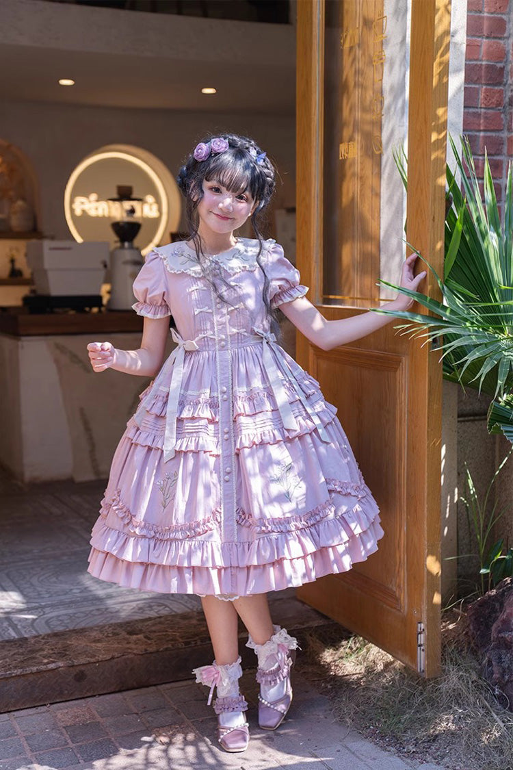 Pink Iris-Print Ruffled Dress with Short Sleeves and Embroidery