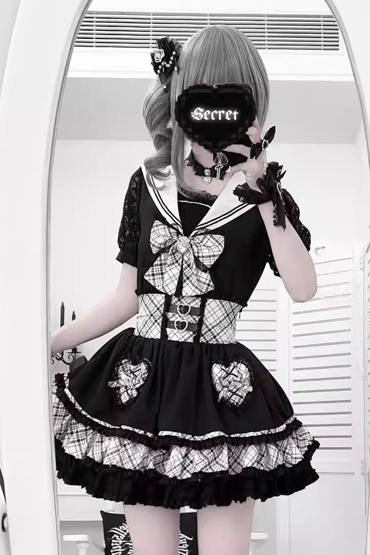 Navy Collar Printed Ruffled Bow Japanese Skirt Blouse Set