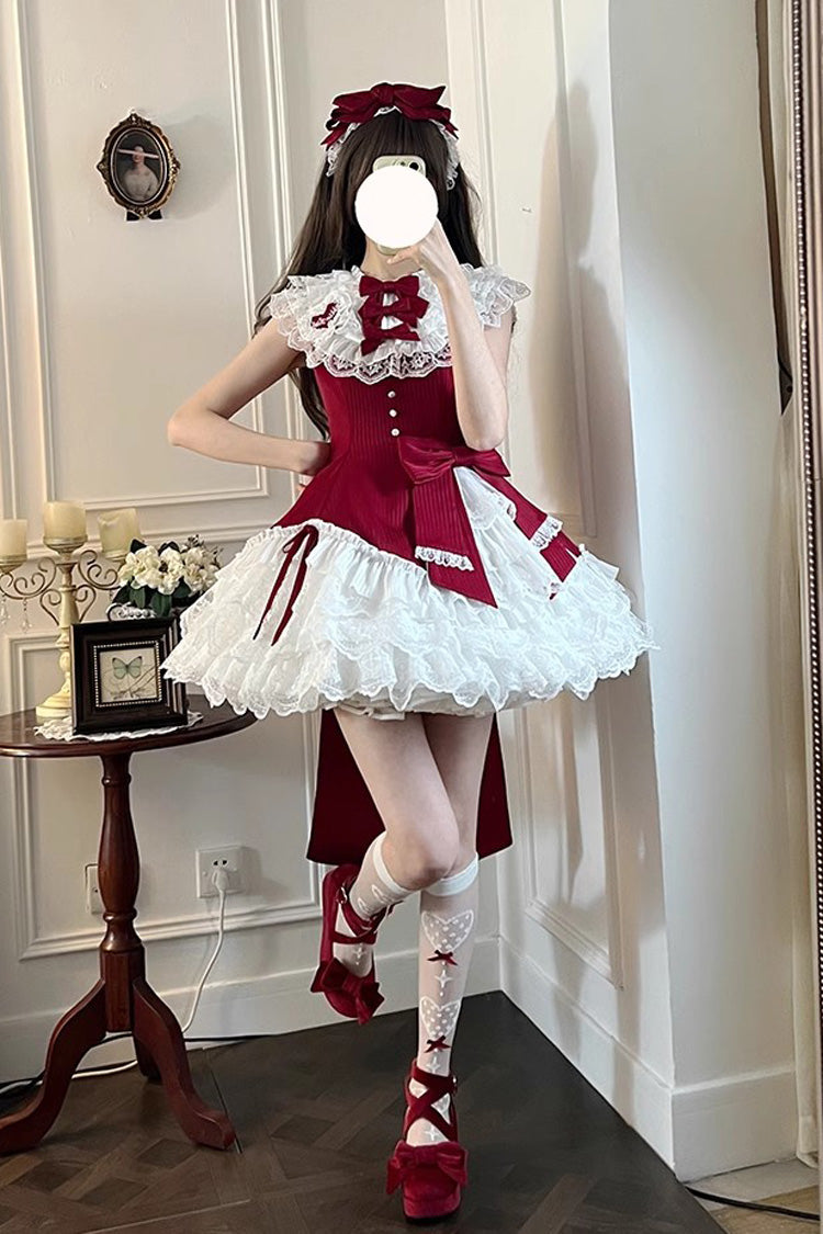 Red Asymmetric Lace Bow Sleeveless Multi-Layer Ruffle Sweet Lolita Dress - Miss Tsundere