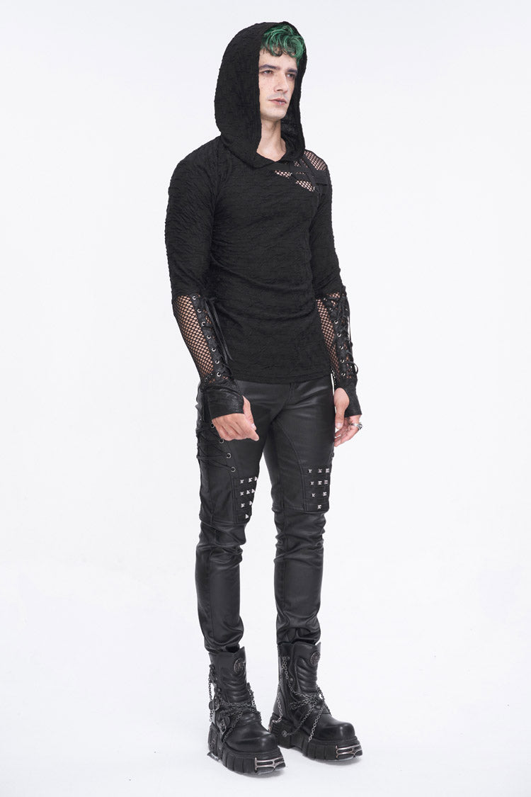 Mesh Spliced Long Sleeve Punk Hoodie for Men with Lace-Up Front