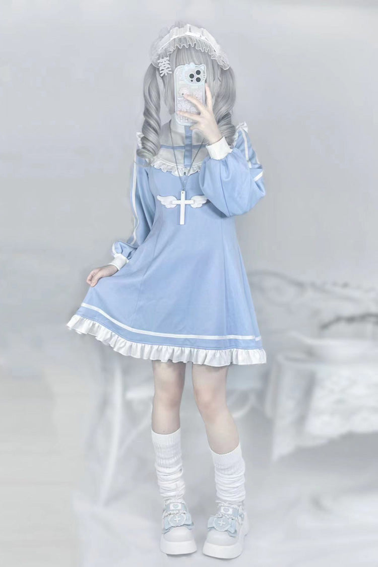 Blue Cross Angel Ruffle Long Sleeve Jirai Kei Dress