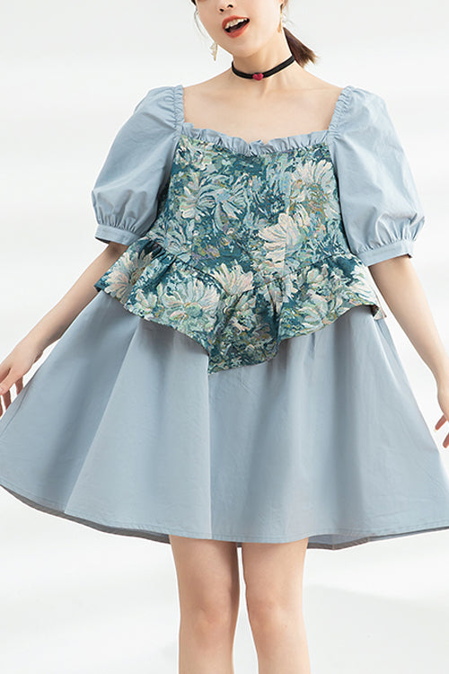 Azure Oil-Painting Patchwork Sweet Dress with Ruffled Sleeves