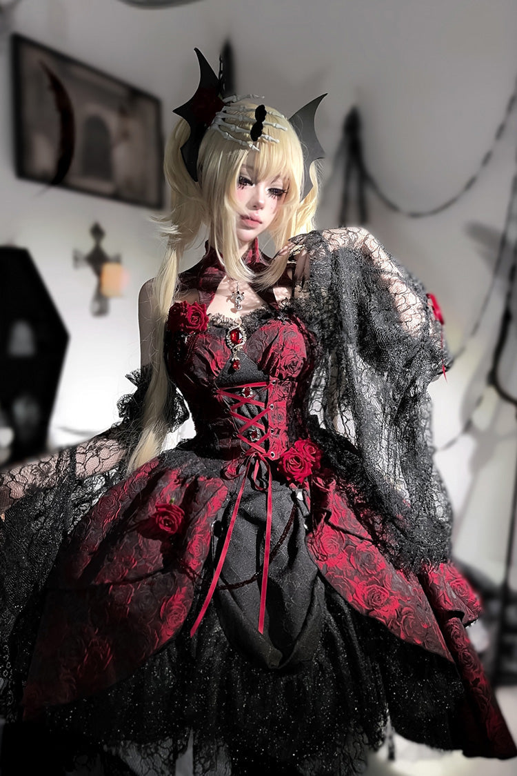 Red Ruffle Embroidery Cardigan Bow Lace Up Gothic Lolita Jsk Dress
