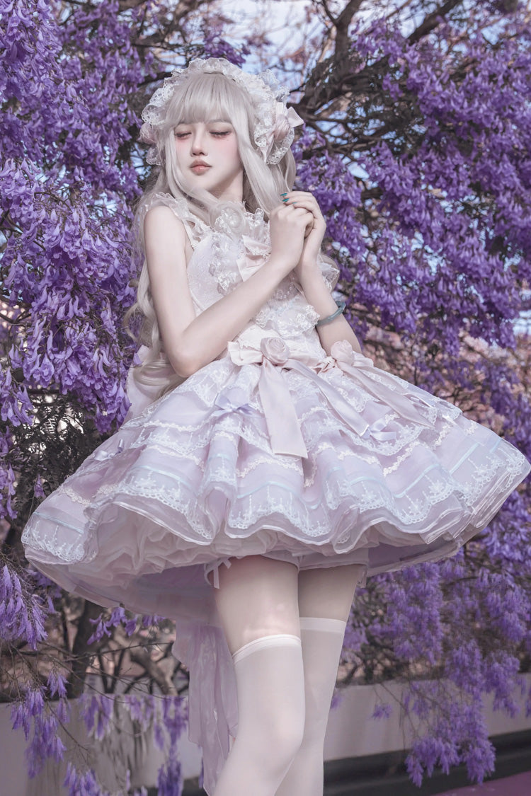 Crystal Isle Violet Square Collar Sleeveless Jacquard Ruffled Bow Balletcore Tiered Lolita Dress - Crystal Isle