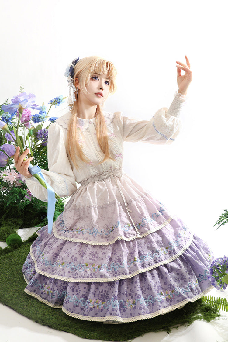 Violet Moonlight Iris Triple Layer Printed Ruffled Lace Lolita Skirt