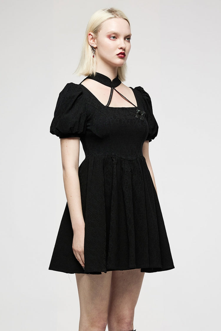Vintage Black Jacquard Puff Sleeve Halter Punk Dress