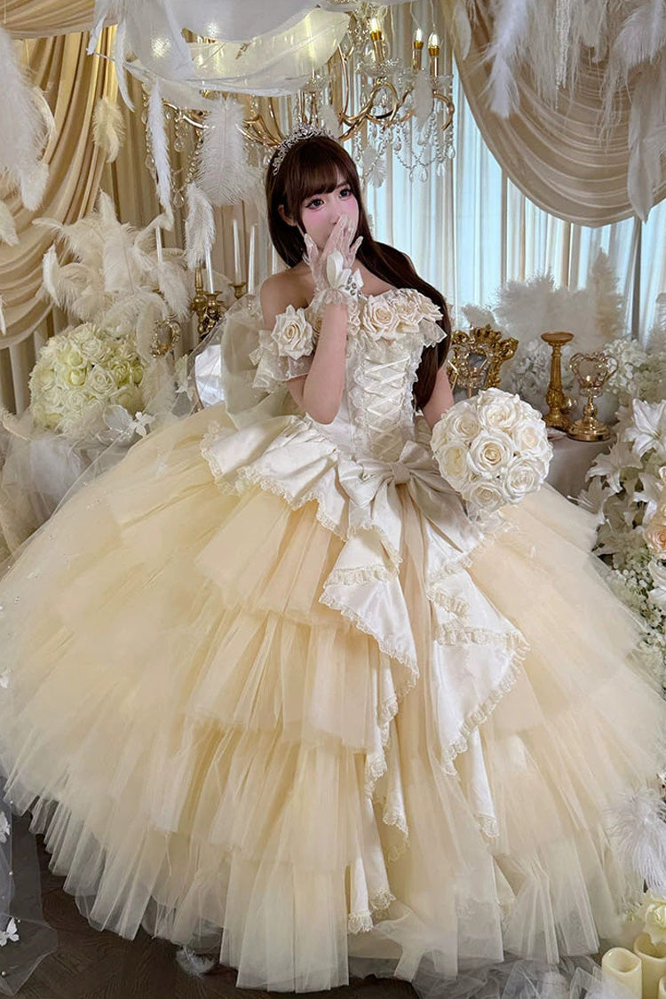 Apricot Sweet Lolita JSK Long Dress with Ruffled Hanayome Bow Lace-Up and Sleeveless Design