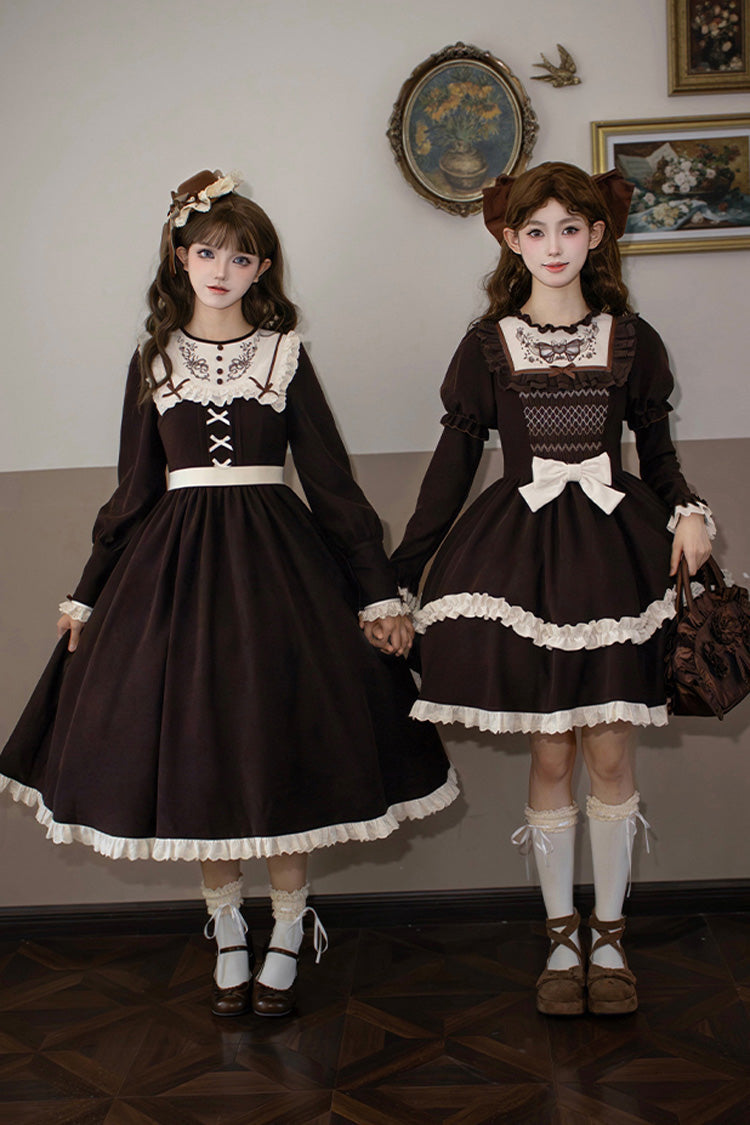Brown Ruffled Bouquet Embroidered Sweet Lolita Dress - Miss Brown