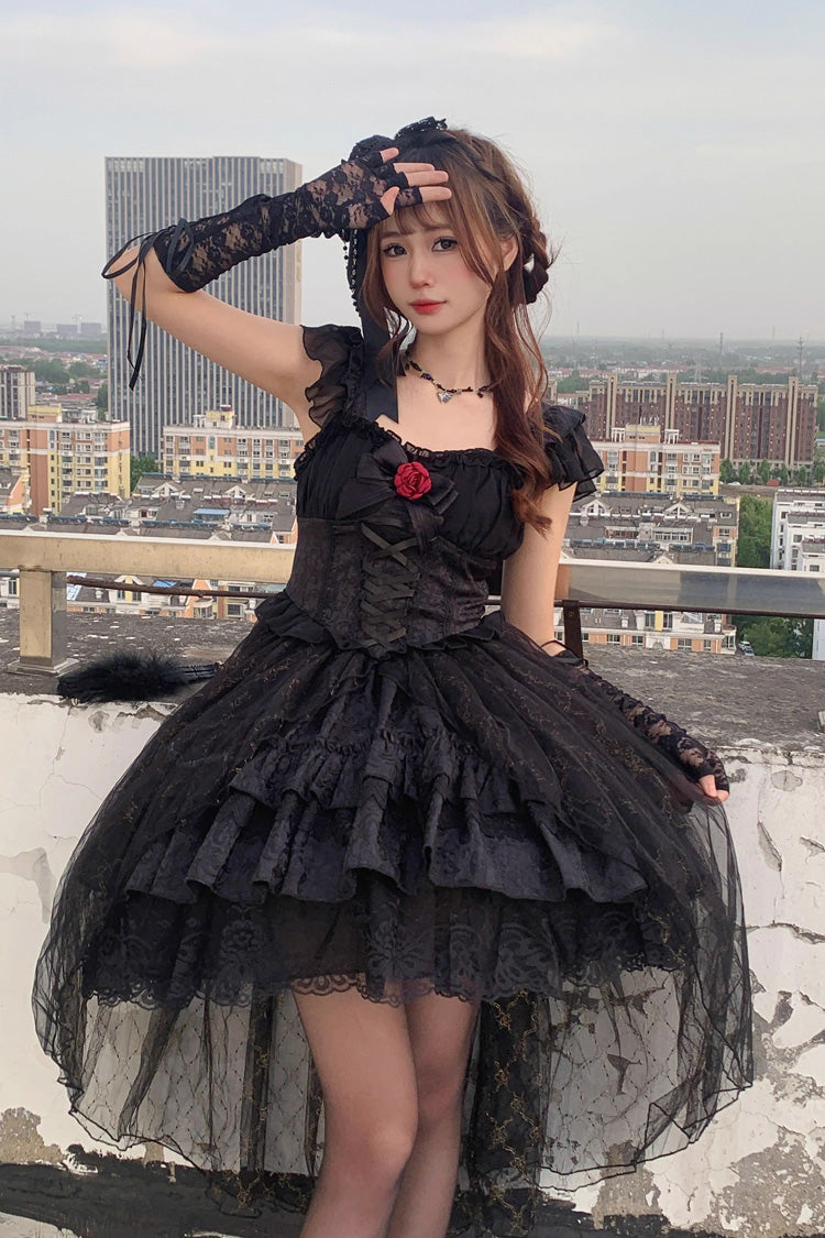 Black Short Sleeved Ruffled Rose Gothic Tiered Dress with Bow
