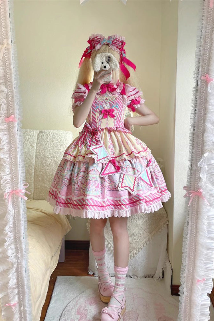 Sweet Lolita JSK in Yellow Pink with Bowknot Ruffled Print - Candy Park