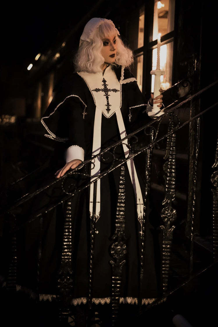 Black Stitching Lace Long Sleeve Gothic Elegant Lolita Dress - Nun