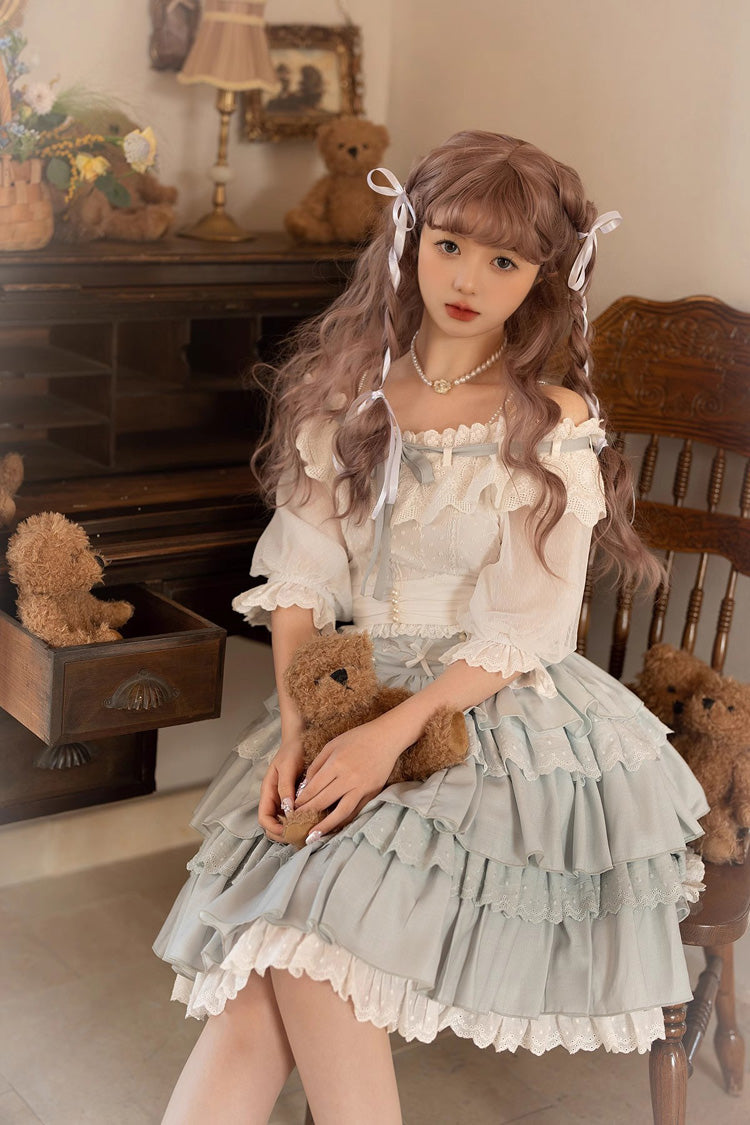 White/Blue Floral Ruffle Lolita Skirt Set - Sweet Lolita