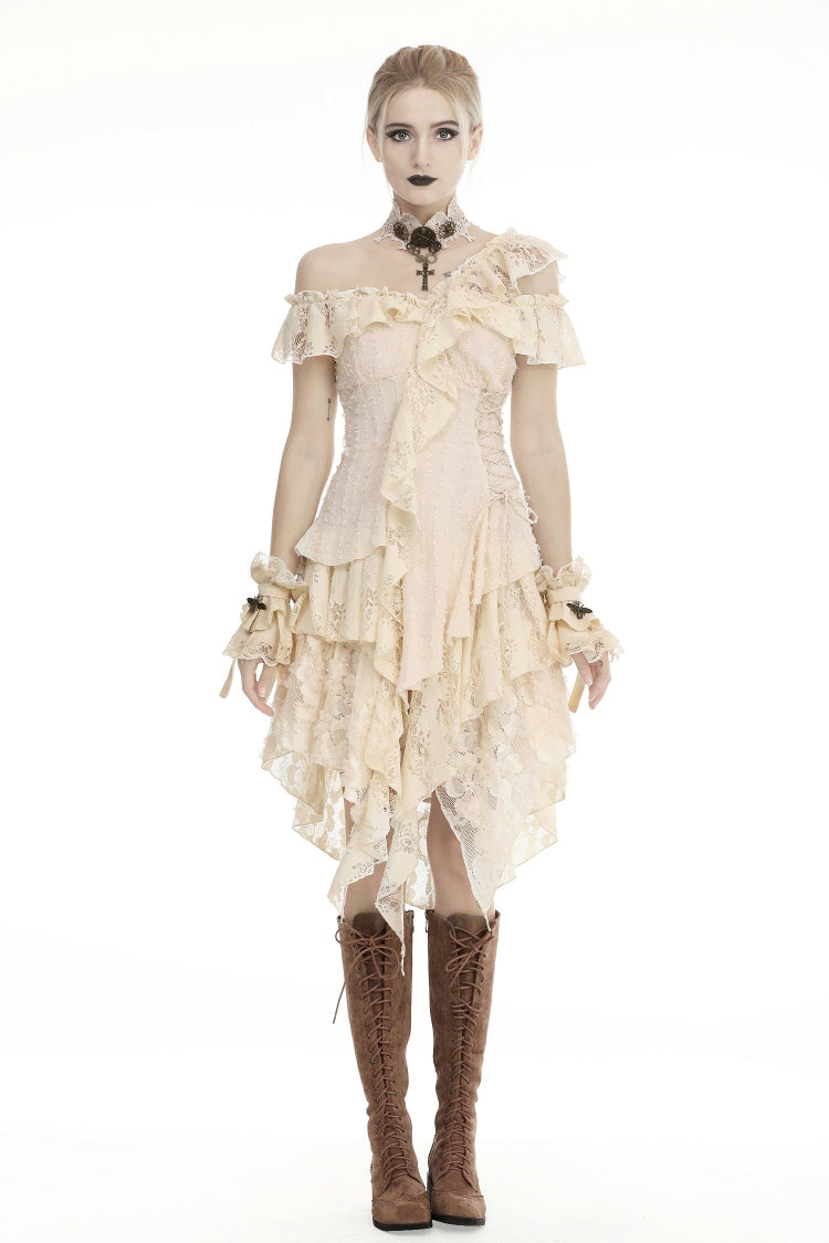 Beige Irregular Multi-Layer Ruffled Lace Steampunk Vintage Dress