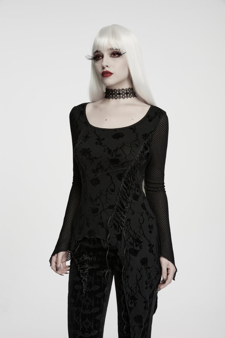 Charcoal Crewneck Long-Sleeve Jacquard Lace-Up Asymmetric Elegant Gothic Top for Women