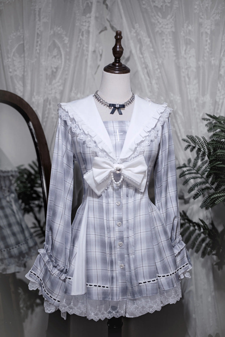 Sweet Square-Collar Bow Lace Pearl Jirai Kei Dress & Short Set