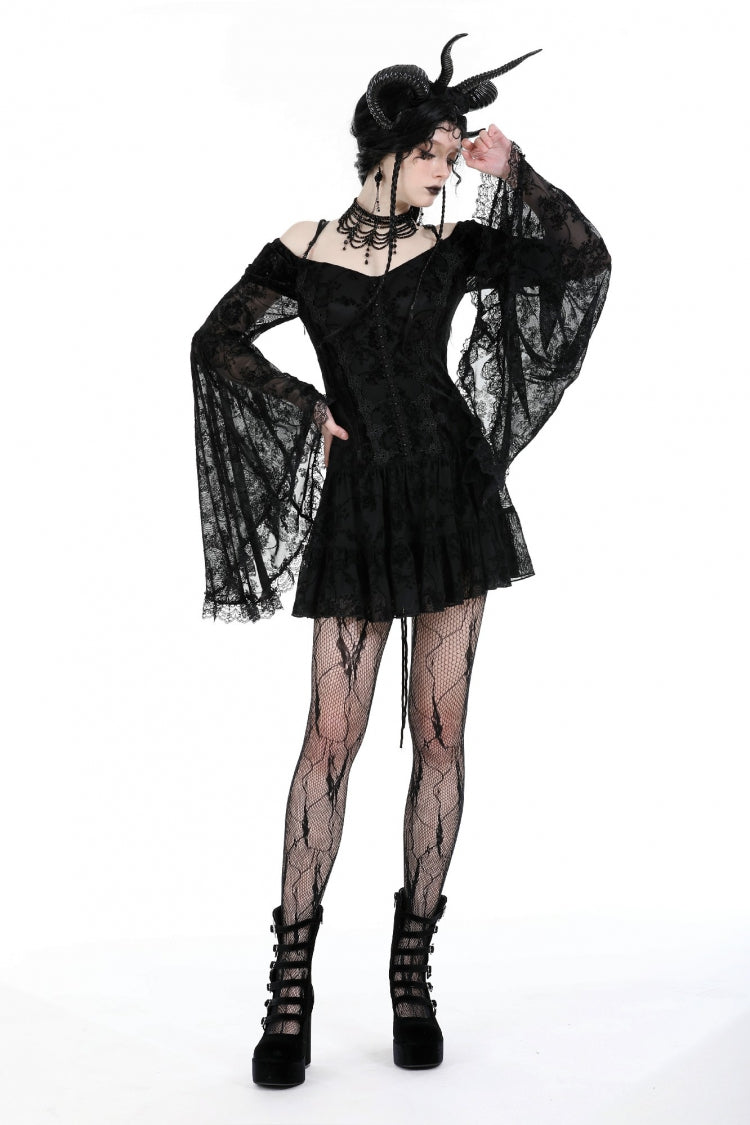 Off Shoulder Long Trumpet Sleeves Velvet Spliced Mesh Gothic Graduation Dress