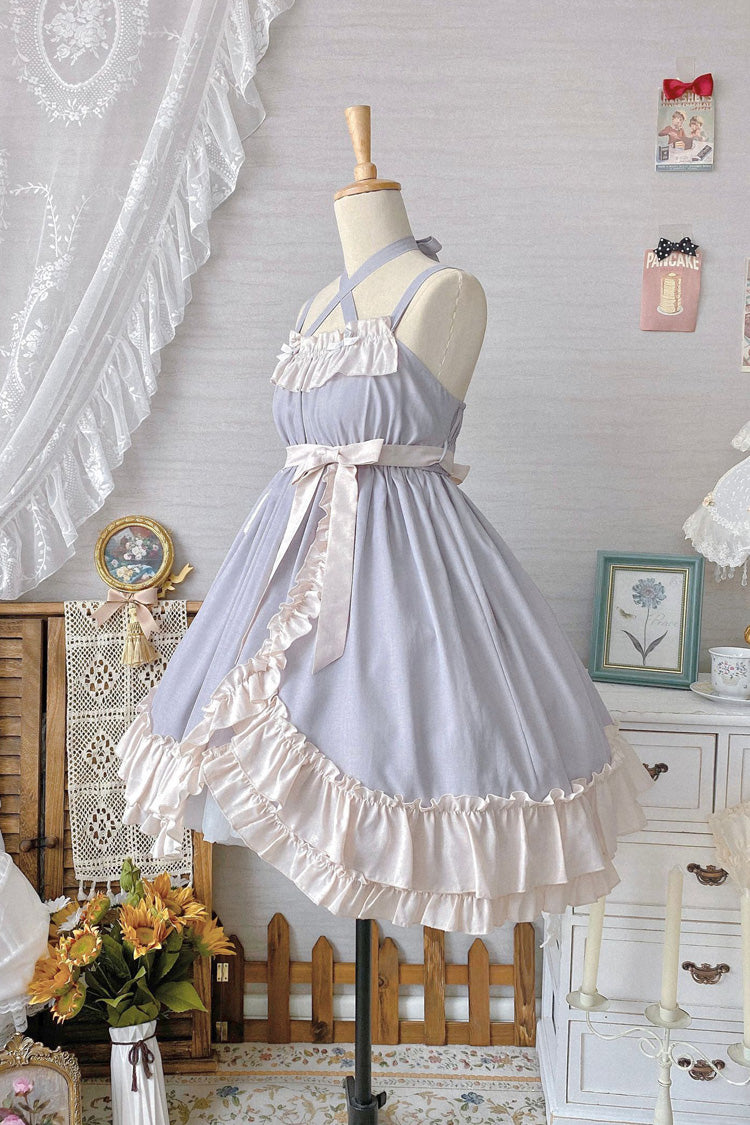 Sleeveless High Waist Ruffle Bow Asymmetric Sweet Lolita Jumper Dress - Grey