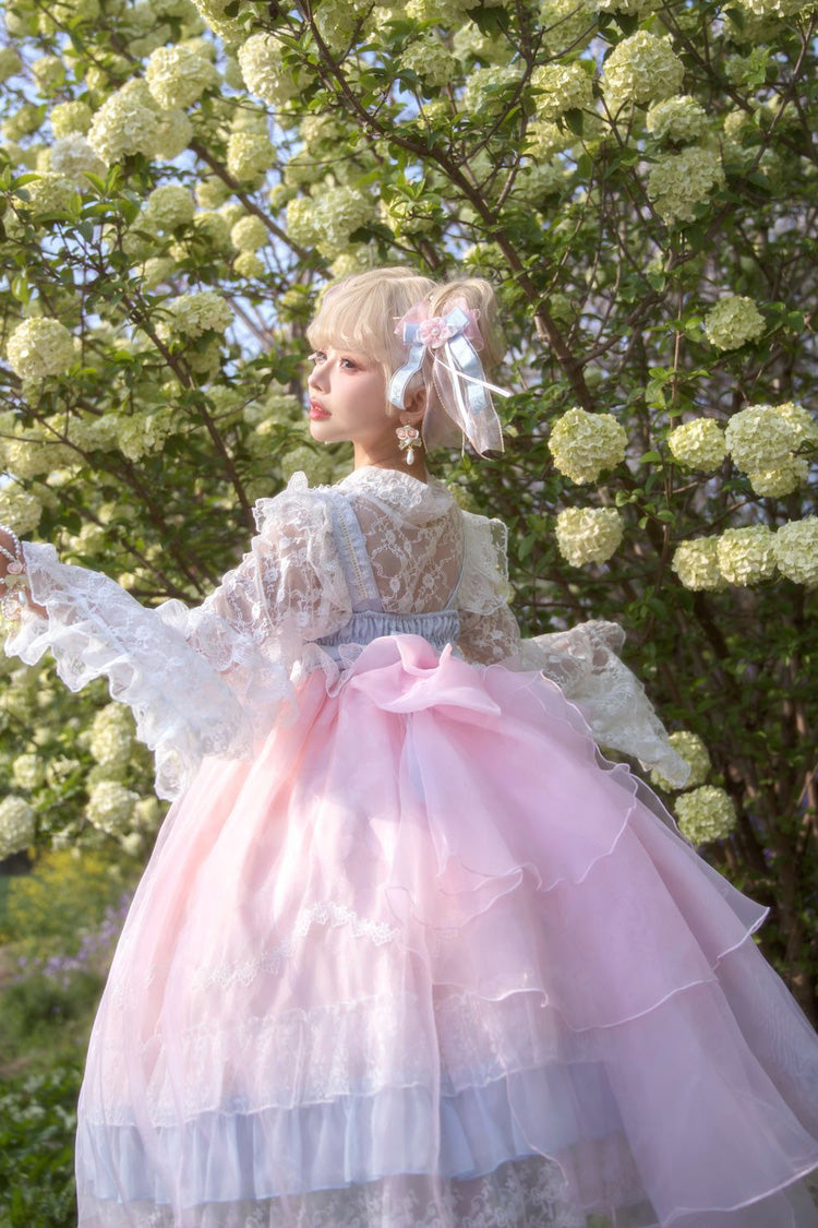 Peach Blossoms in Spring Fields Sweet Chinese Lolita JSK with Ruffles