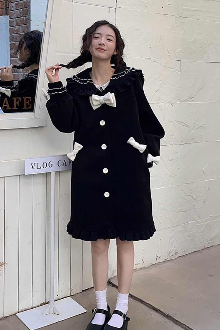 Doll-Collar Long-Sleeve Bow Princess Coat in Black