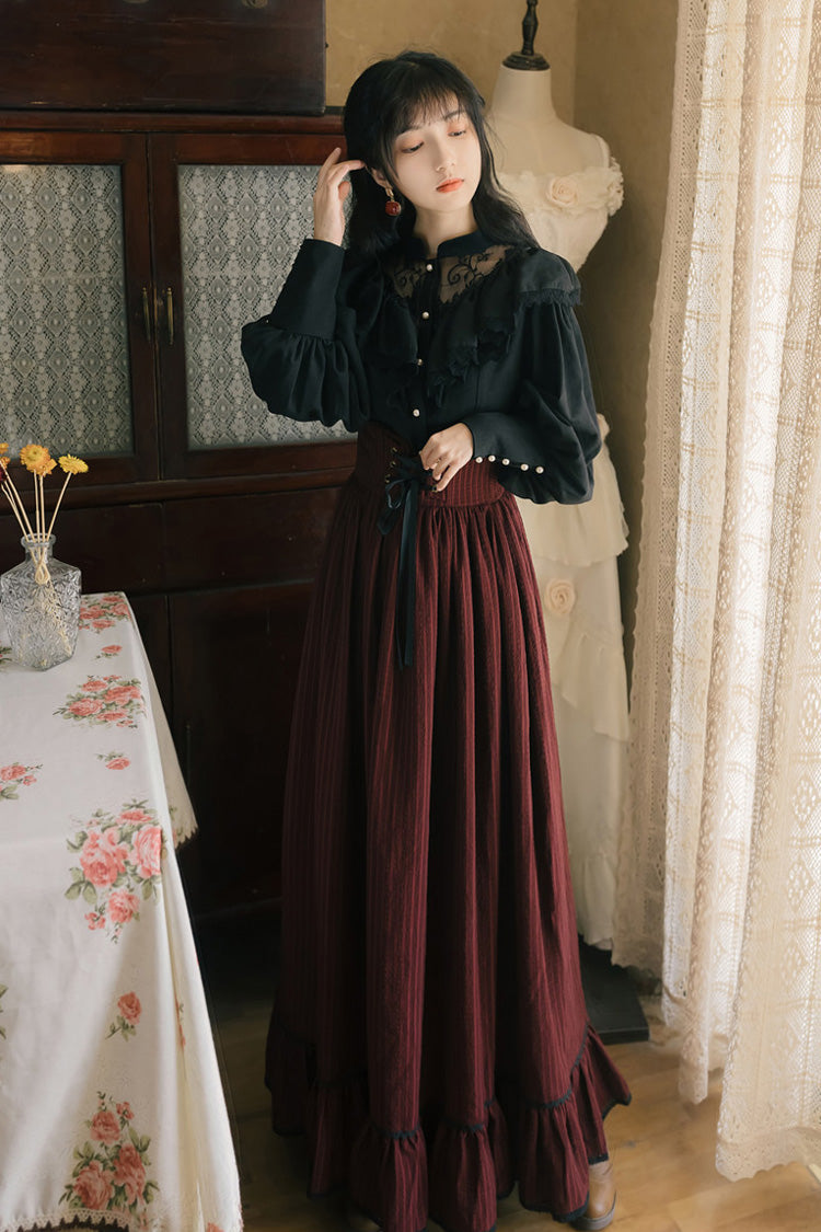 Black/Red High-Waisted Lace Skirt Set with Vintage Print