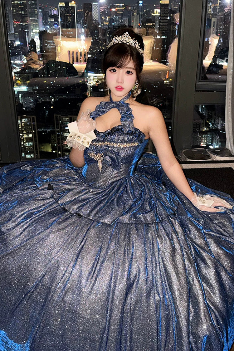 Sweet Lolita Skirt Set with Ruffled Cut-Out Bow and Glitter - Blue
