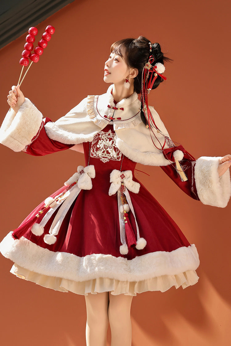 Crimson Embroidered Bow Chinese Sweet Lolita Hanfu Dress