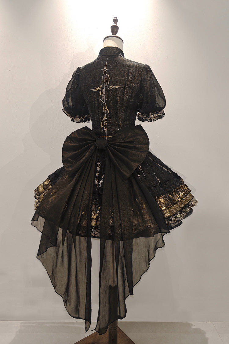Short-Sleeve Lace-Up Printed Gothic Dress in Black