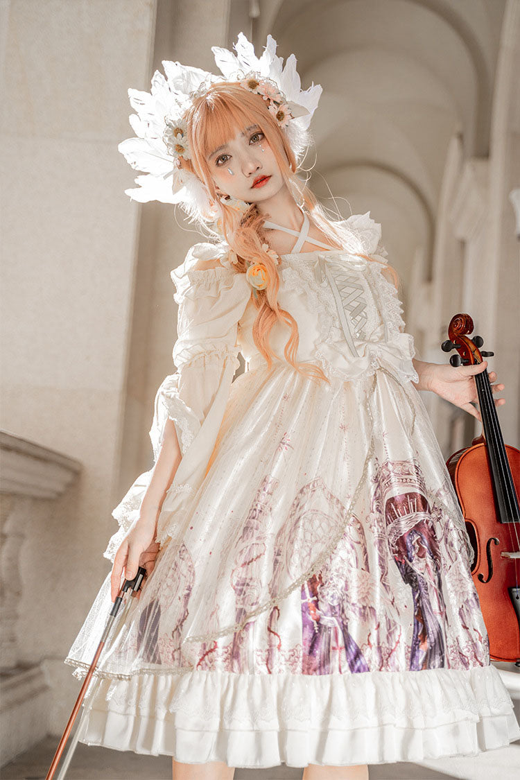 Ivory Gothic Lolita JSK Dress with Angel Wings Print and Mesh Ruffles - Altfashion Shop