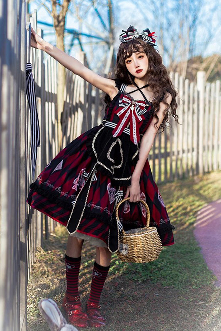 Crimson & Noir Heart Print Bow Accent Sweet Lolita Jumper Dress