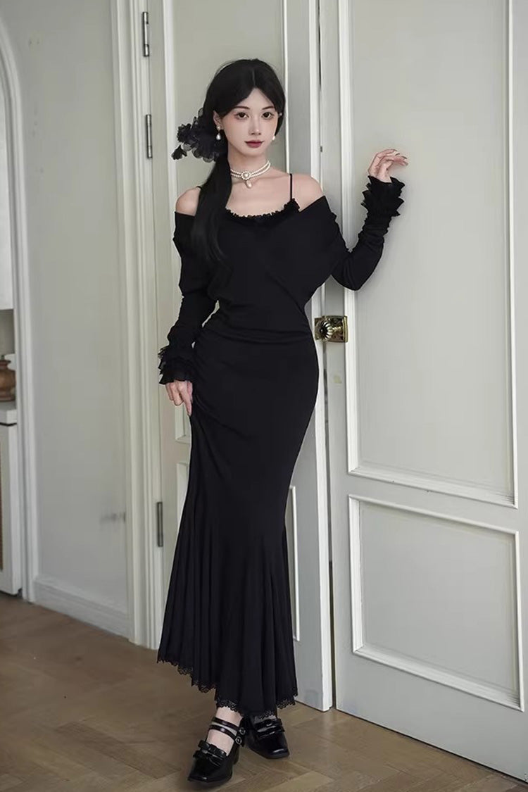 Slim Gothic Fishtail Dress with Stretch Knit - Black