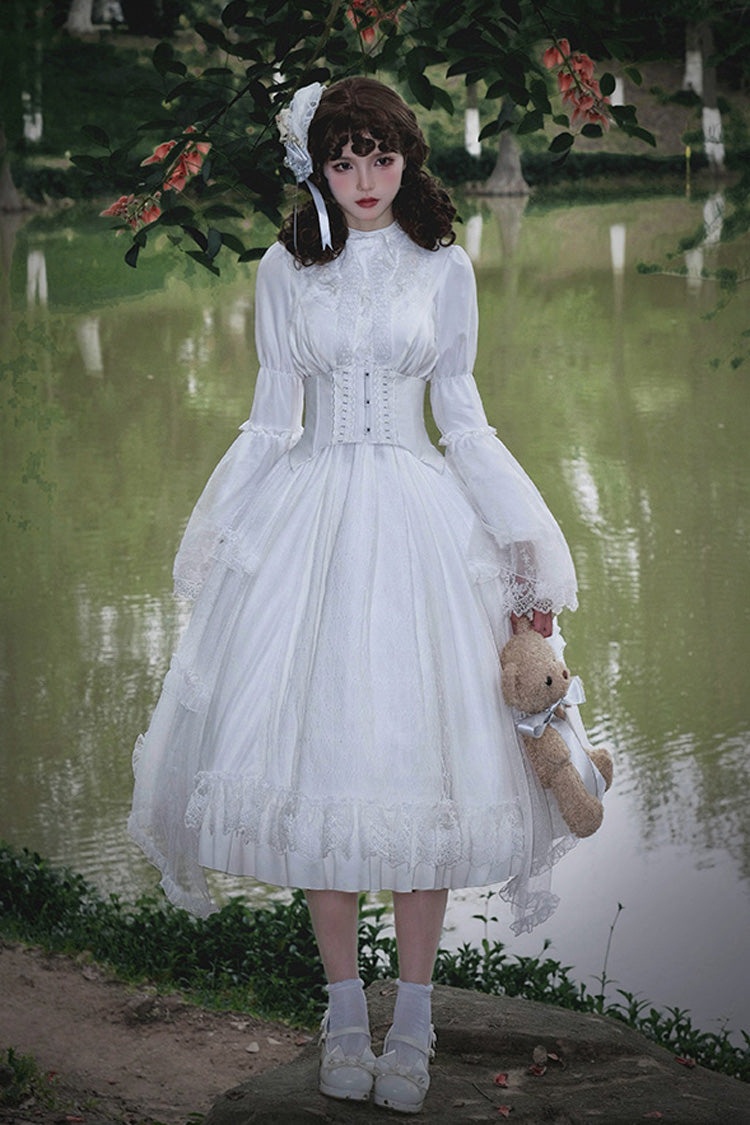Ivory Stand Collar Long Sleeve Gothic Dress with Lace - Requiem