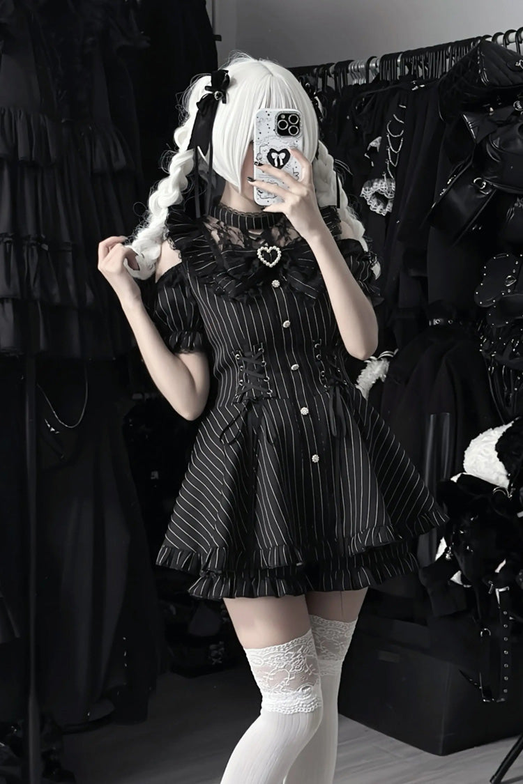 Silver Candle Elegy Gothic Jirai Kei Ruffle Top and Shorts Ensemble