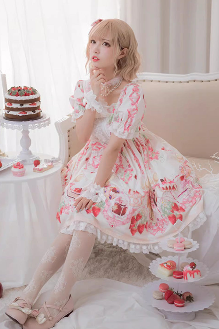 Short-Sleeve Ruffled Bow Sweet Dress with Print - Strawberry Feast